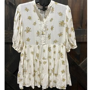 By The River Floral Tiered Babydoll Mini Dress Cream Pintuck‎ M Boho Festival